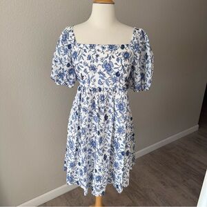 Forget Me Not Blue and White Floral Pattern Puff Sleeve Mini 100% Cotton Dress